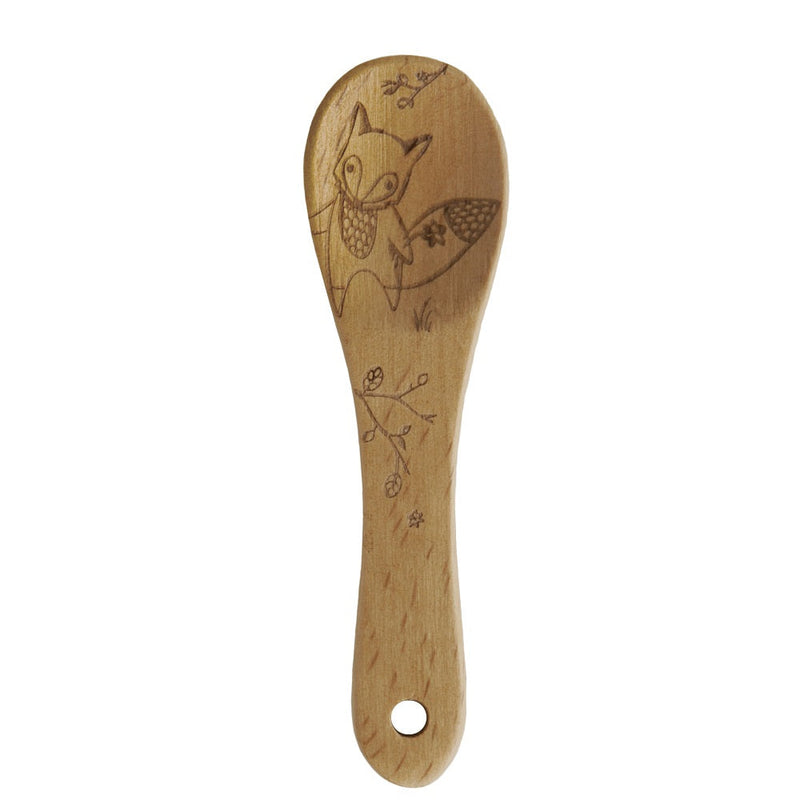 A mini Beechwood spoon with an etched fox design on the top.