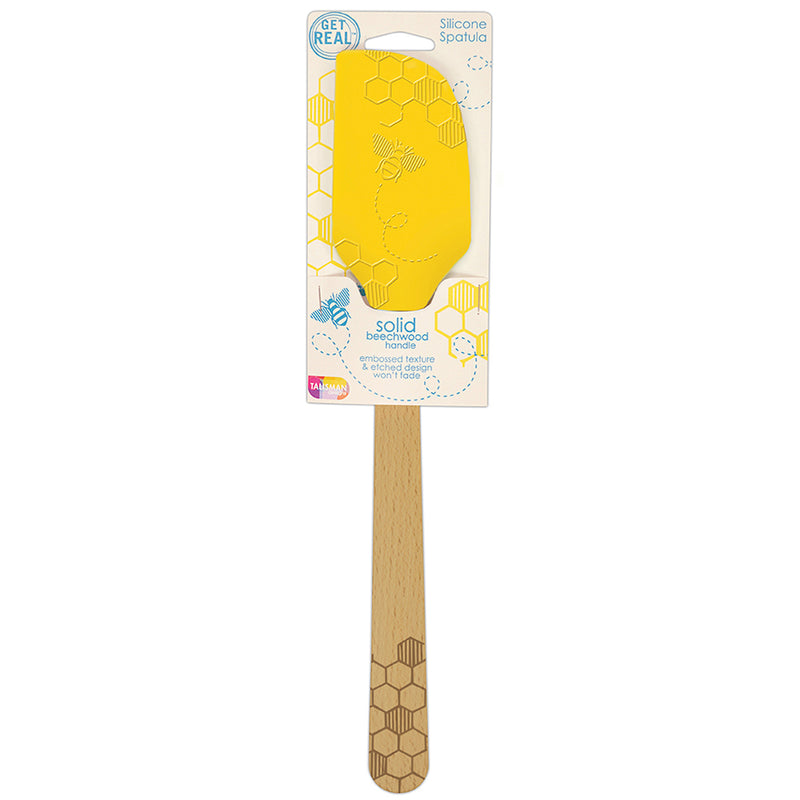 A yellow silicone spatula with a beechwood handle, featuring an embossed bee design, packaged on a card with product information.