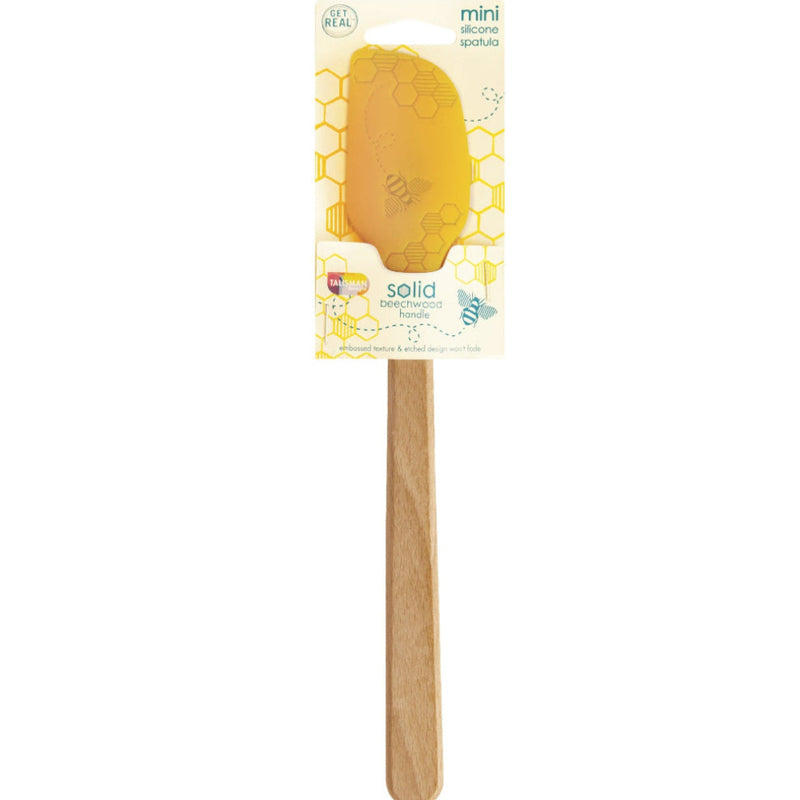 A small silicone spatula with a beechwood handle and an embossed bee and honeycomb design on the top. The spatula is displayed on a packaging card with 'Honey Bee' and other product details.