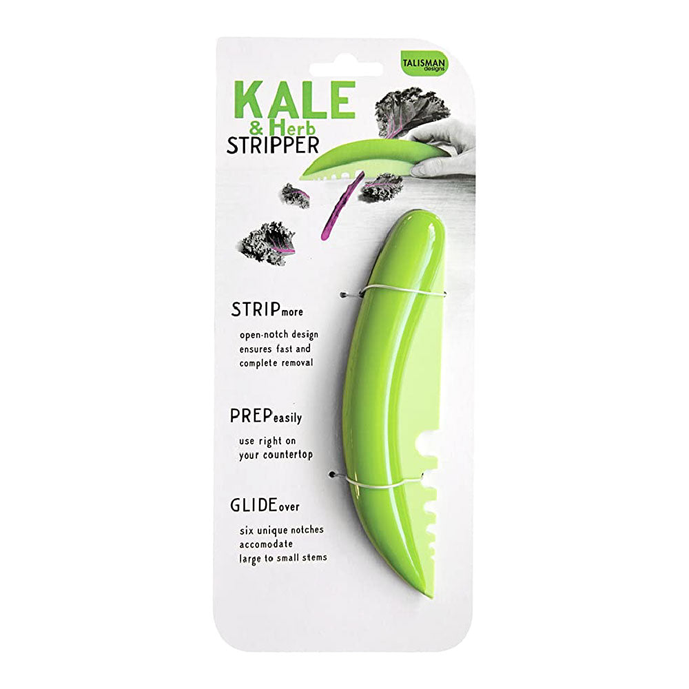 A green kale and herb stripper tool, with product information and branding visible on the packaging.