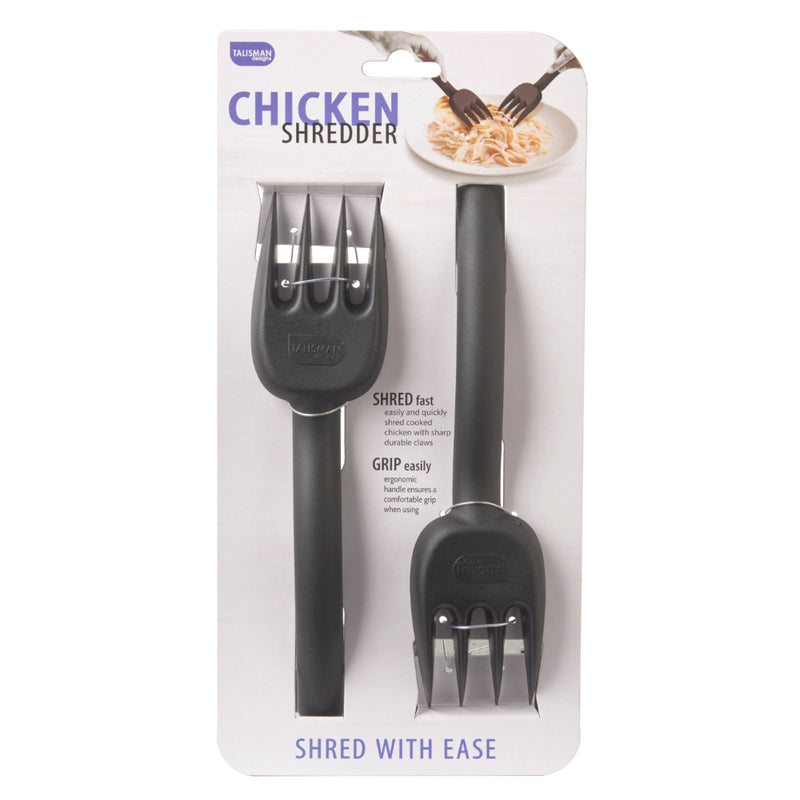 A packaged set of two black chicken shredding forks with the product visible through the clear window of the packaging.
