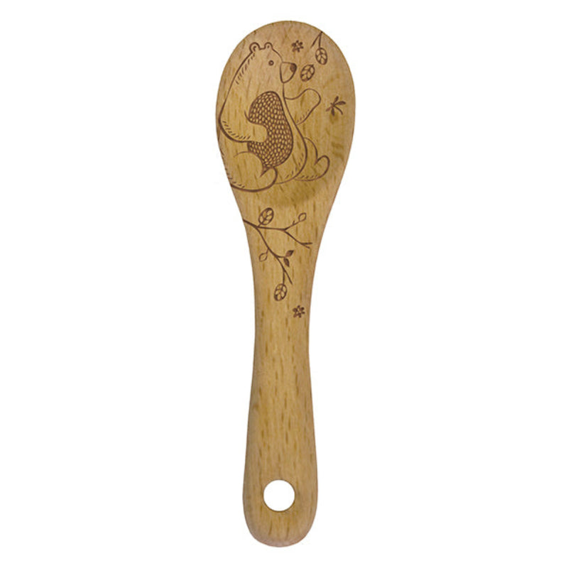 A mini beechwood spoon with an etched bear design on the top of the spoon, with a hole for hanging storage.