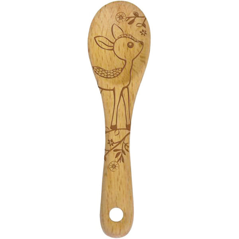 A mini Beechwood spoon with an etched deer design on the handle.