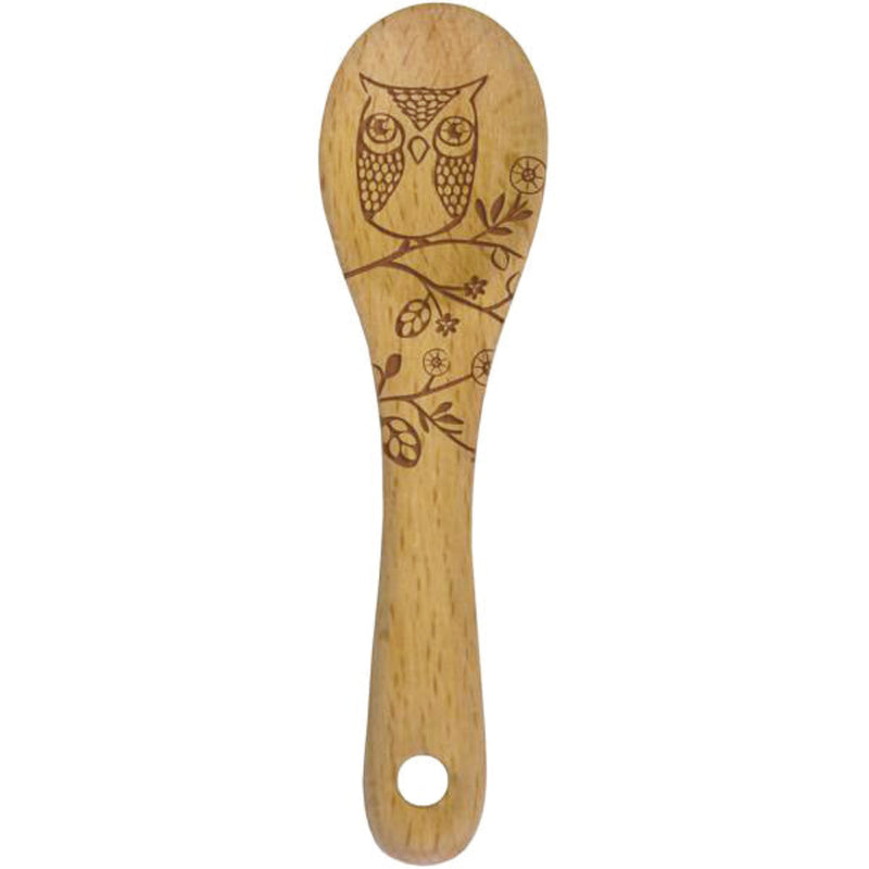 A mini Beechwood spoon with an owl design etched on the top of the handle.