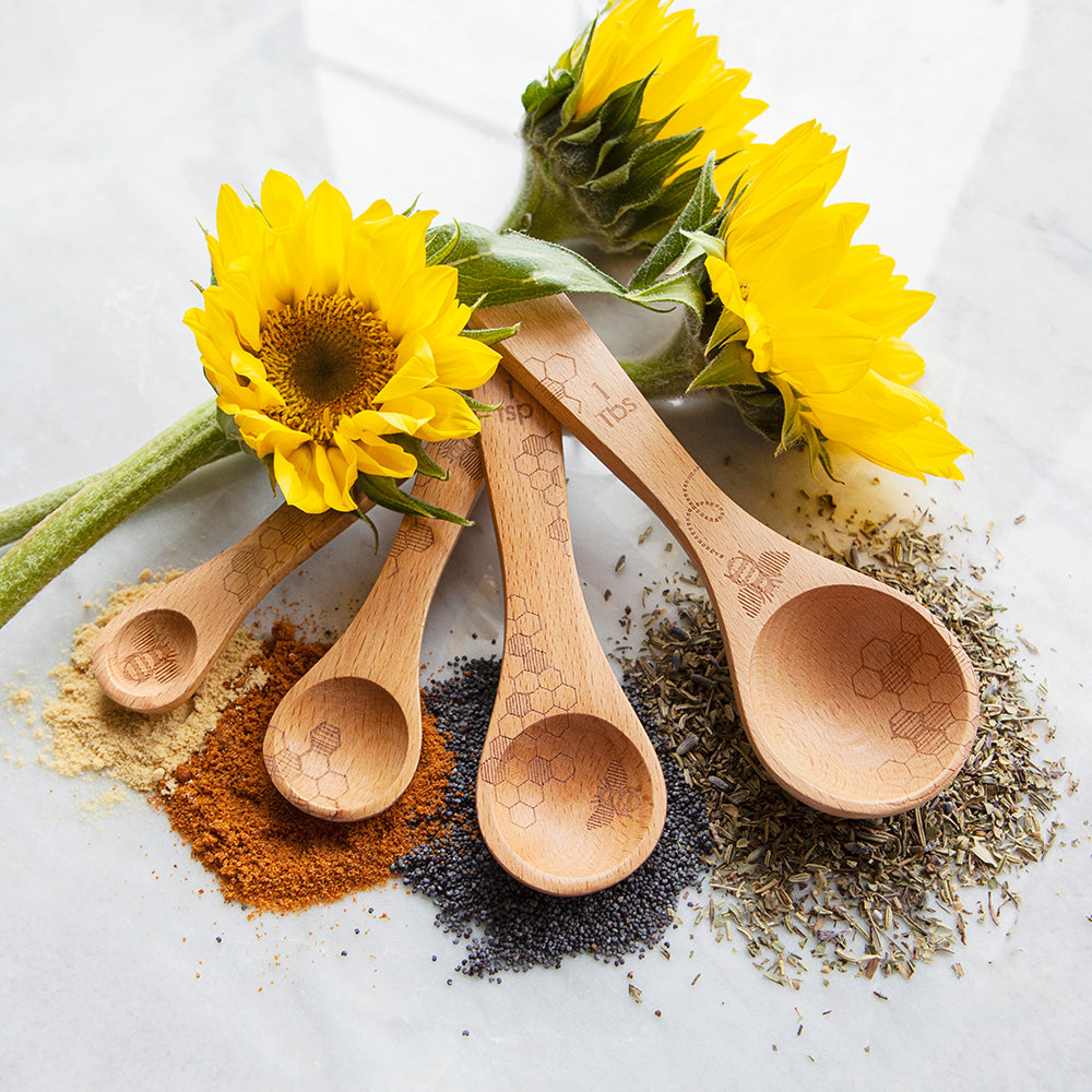 Talisman Designs Laser Etched Beechwood Measuring Spoons | Set of 4 | Honey Bee Design | Natural Wooden Measuring Spoons Set | Cute & Functional Kitchen Tools